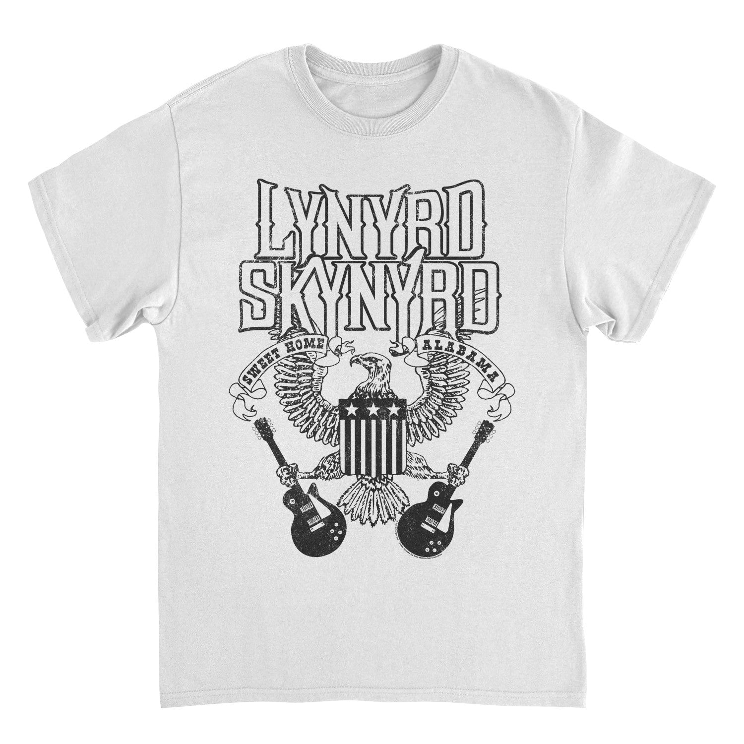 White t-shirt with Lynyrd Skynyrd graphic design featuring an eagle and guitars on a white background.