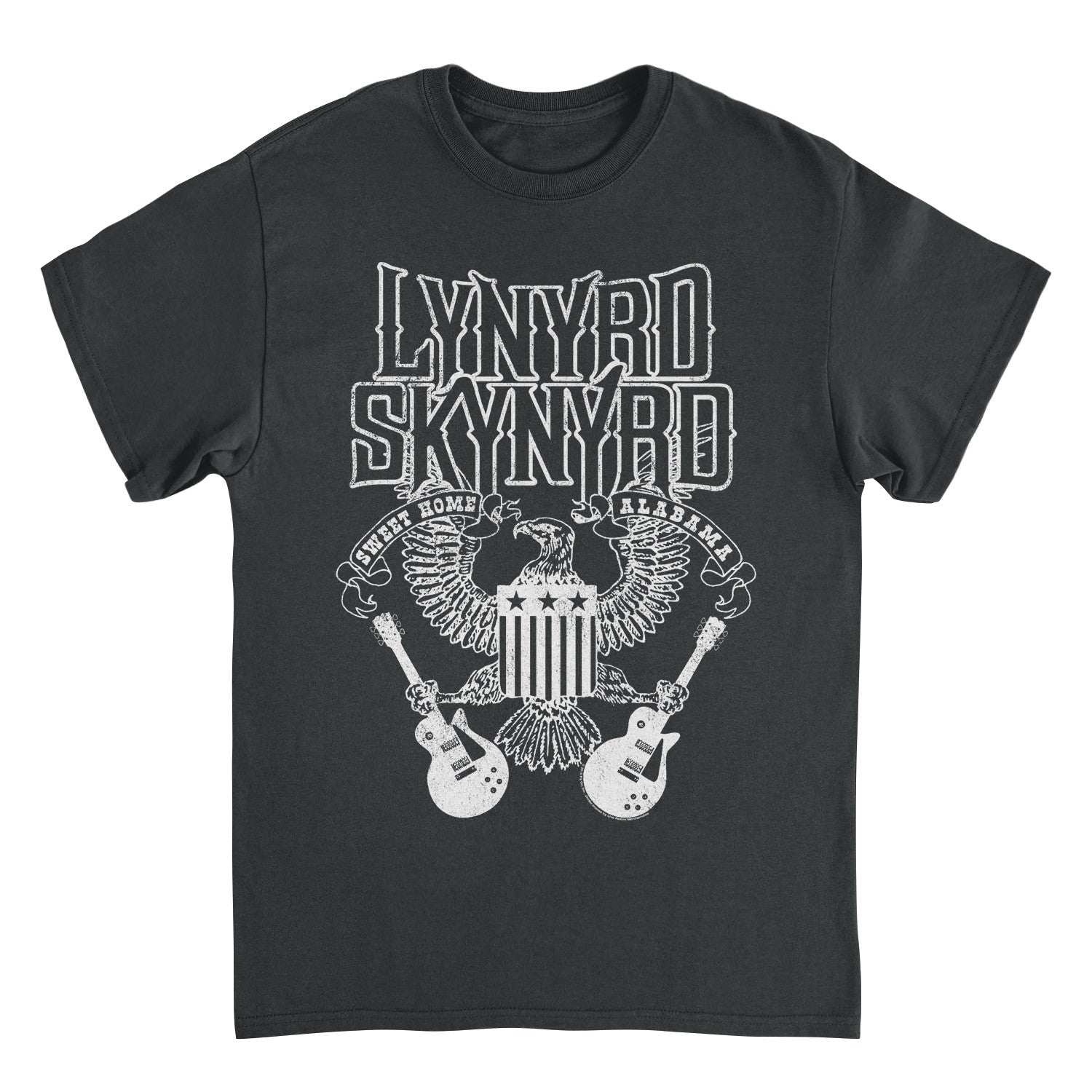 Black t-shirt with Lynyrd Skynyrd logo featuring an eagle and guitars on a white background