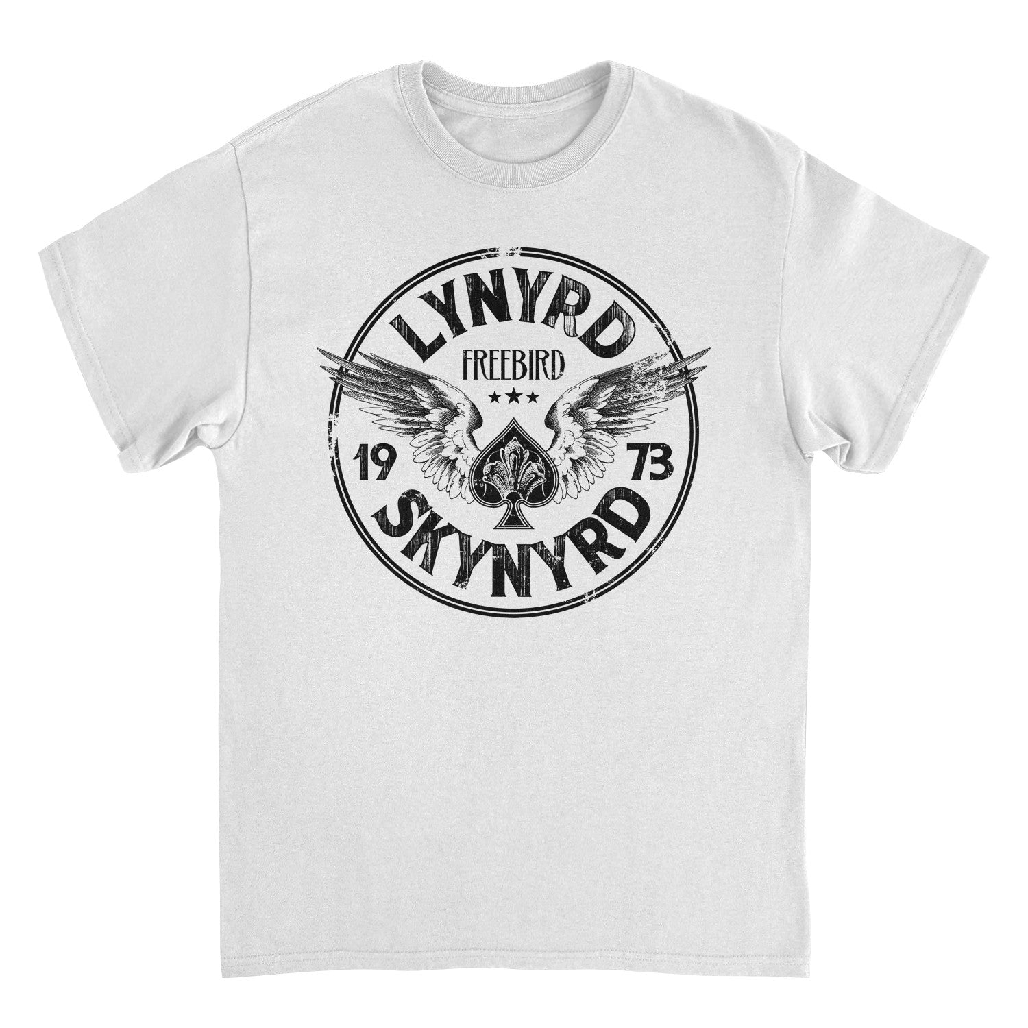 White t-shirt with Lynyrd Skynyrd logo featuring an eagle and text on a white background