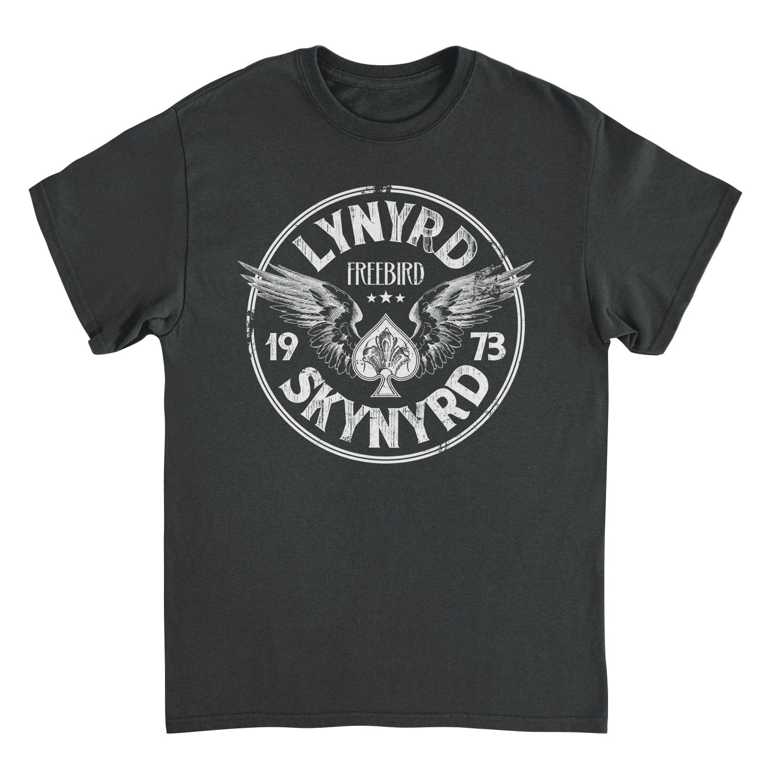 Black t-shirt with white graphic design featuring &