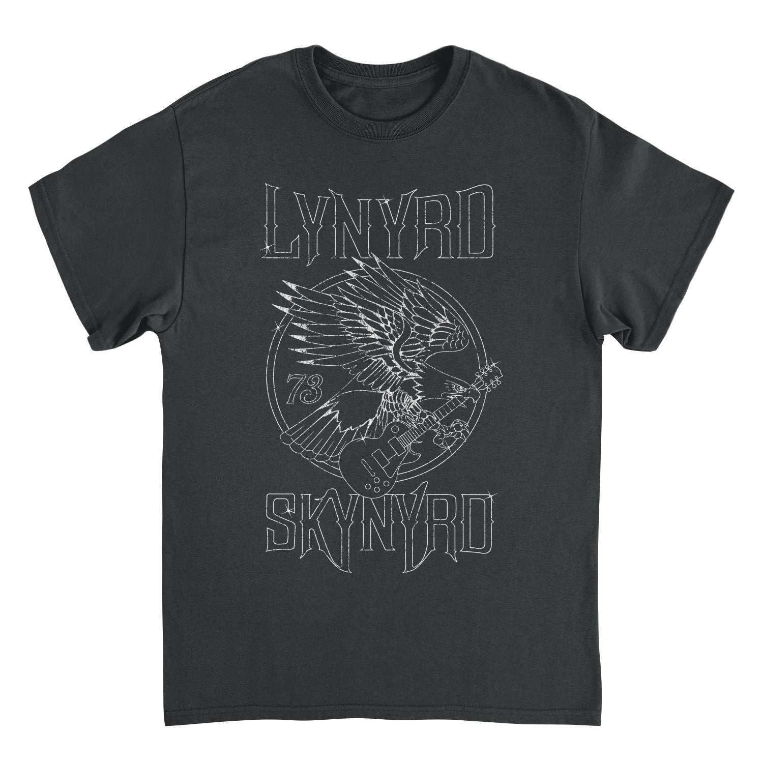 Black t-shirt with white graphic design featuring an eagle and guitar, and &