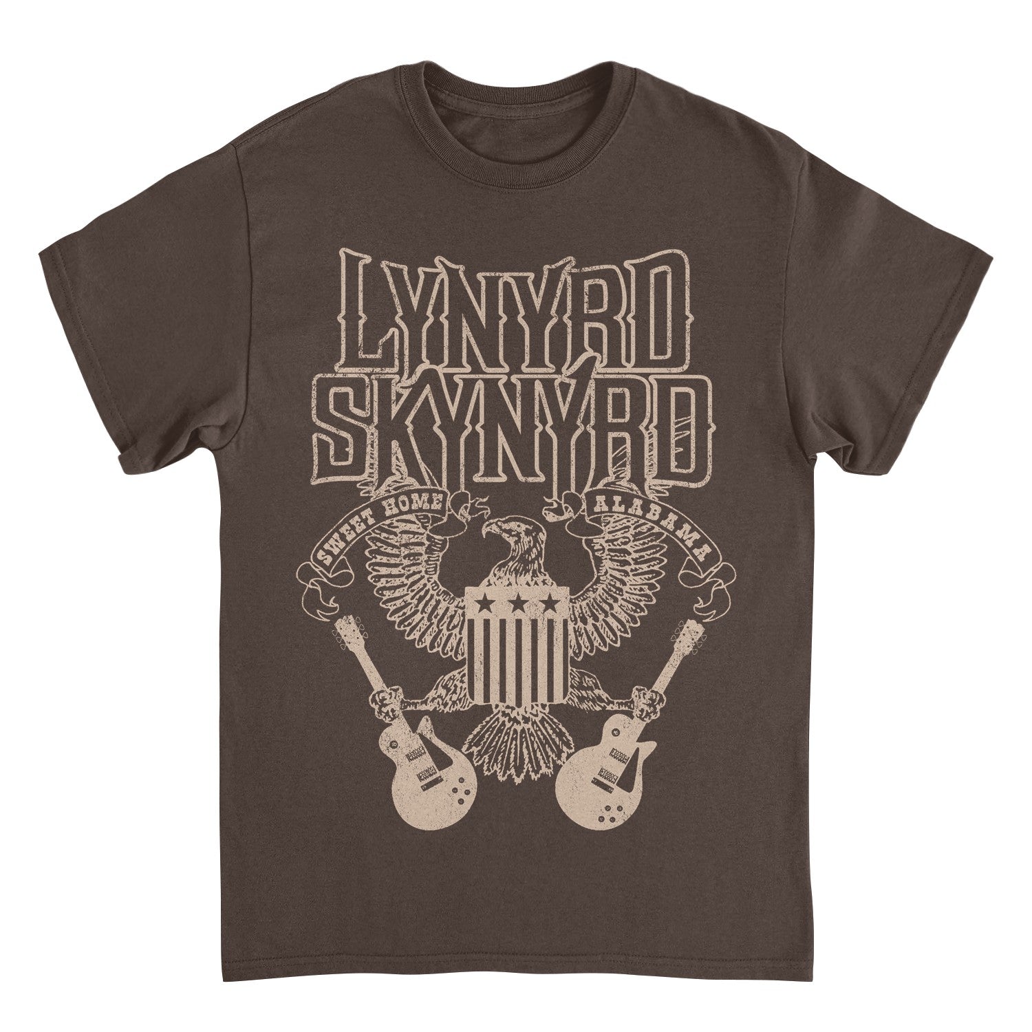 Brown t-shirt with Lynyrd Skynyrd logo and design on a white background