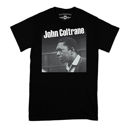 Black t-shirt with a graphic of John Coltrane on a white background