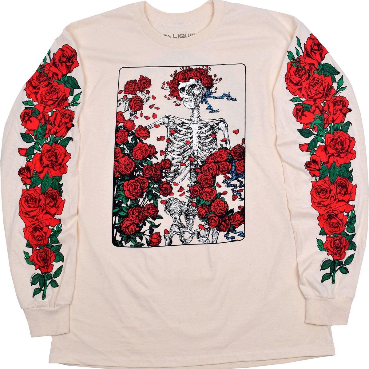 A long sleeve T-shirt featuring a graphic design with red roses and a skeleton, associated with the Grateful Dead band.