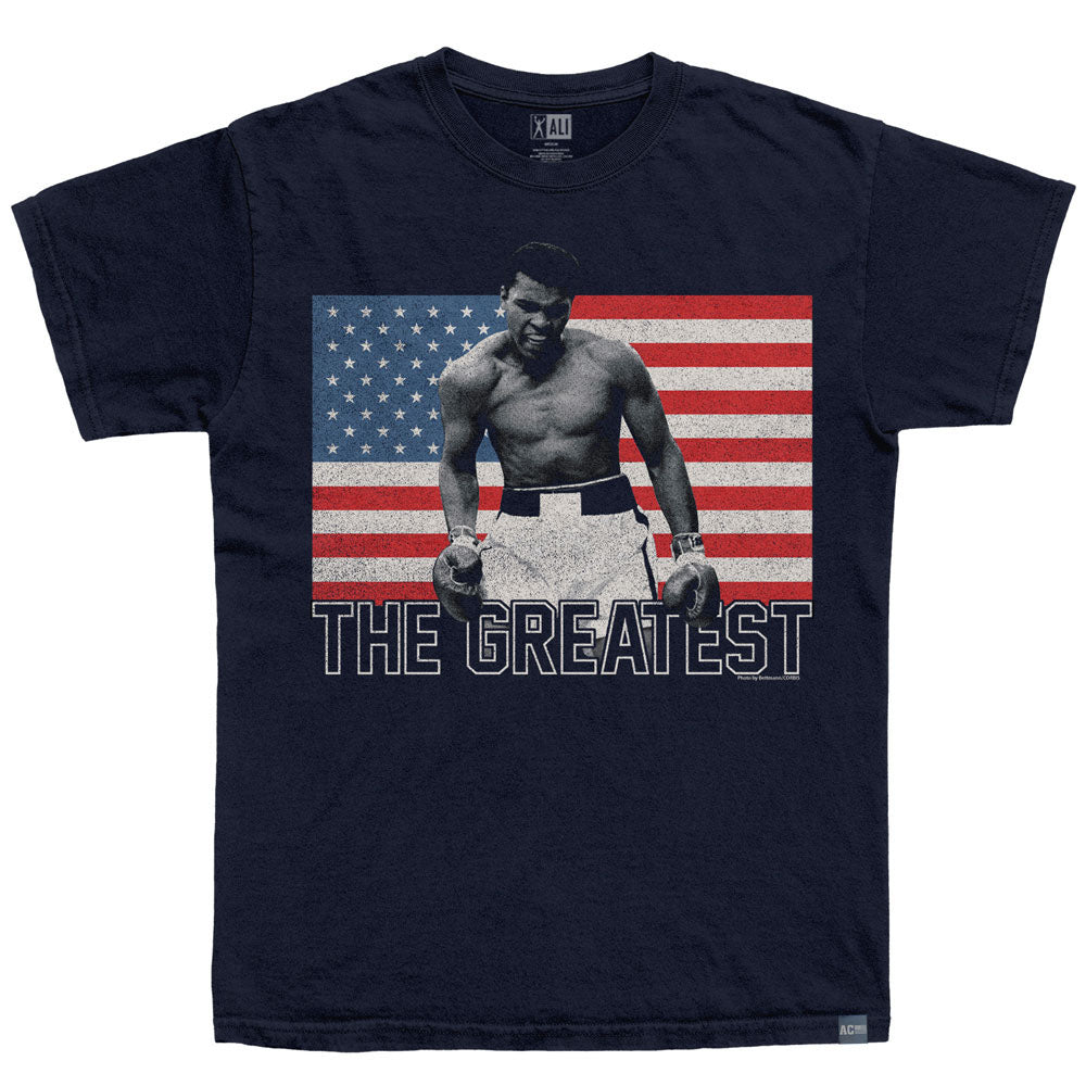 Navy blue t-shirt with a graphic of a boxer and &