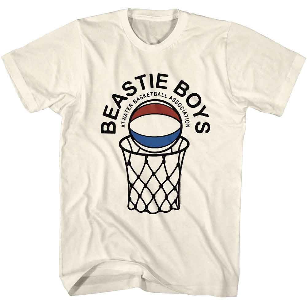 A white t-shirt featuring a graphic print of a basketball hoop and the text &