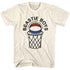 A white t-shirt featuring a graphic print of a basketball hoop and the text &