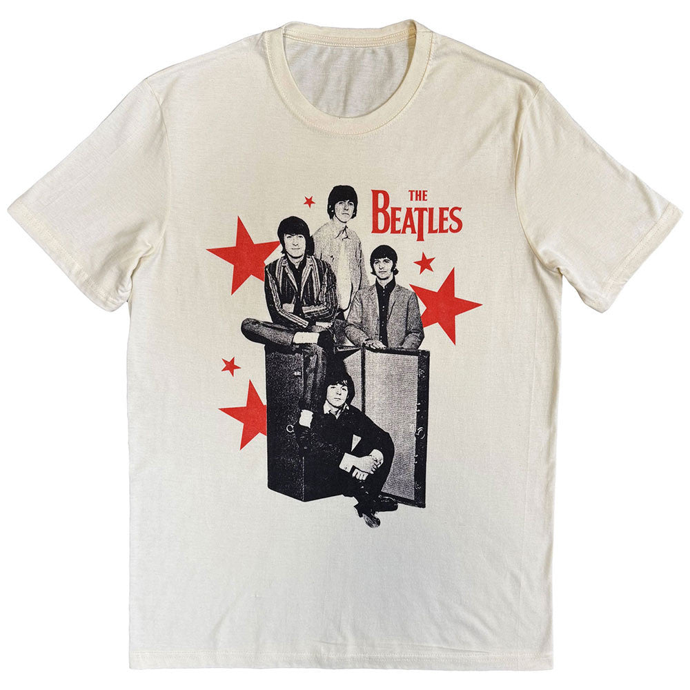 White t-shirt with The Beatles graphic design on a white background