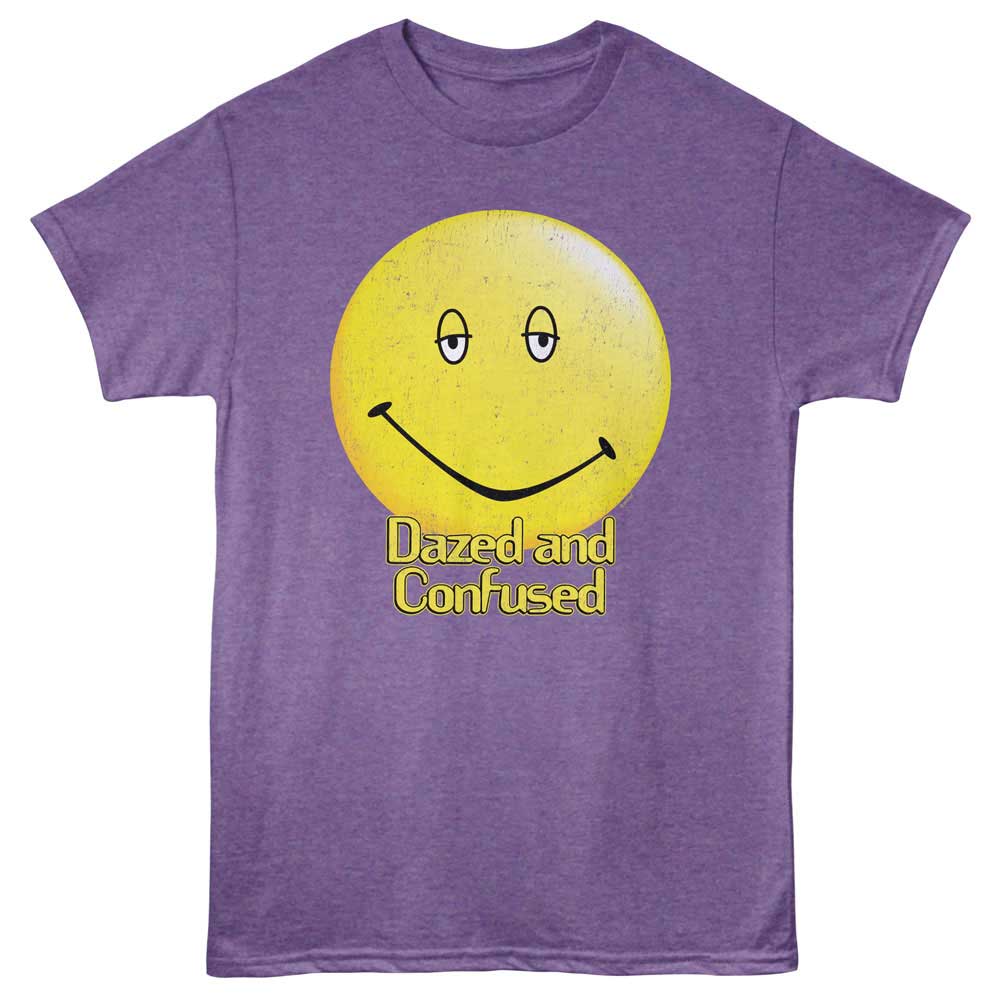 Purple t-shirt with a yellow smiley face and &