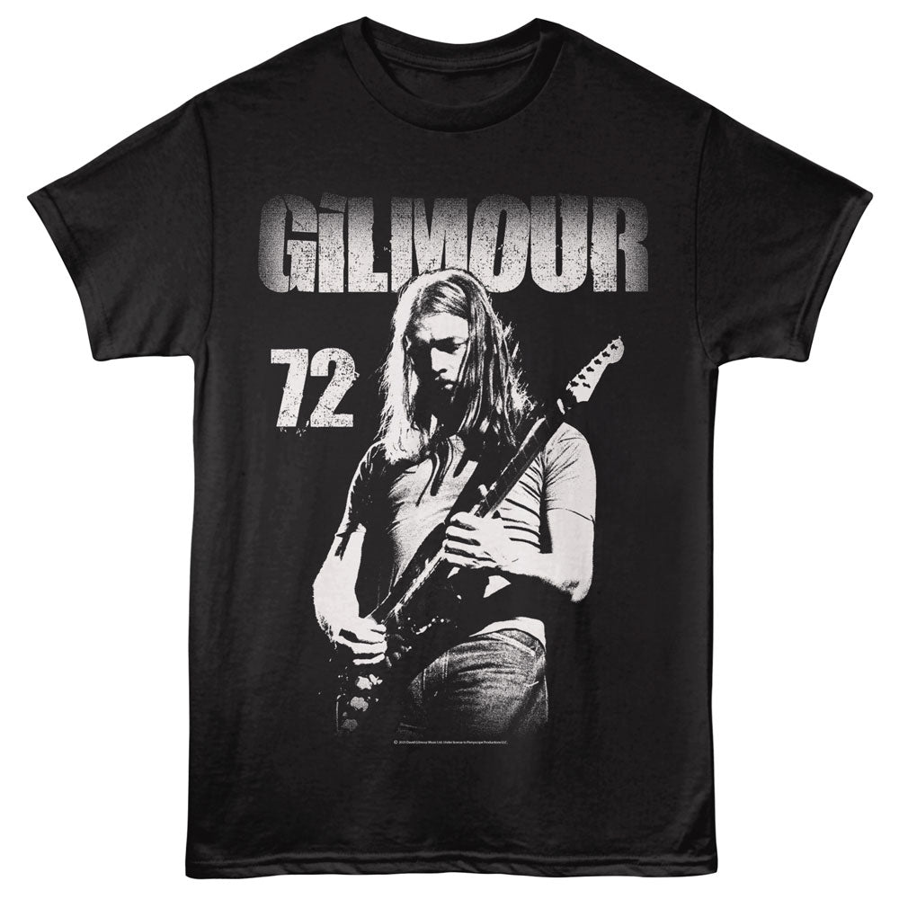 Black t-shirt with a graphic of a person playing guitar and the text &