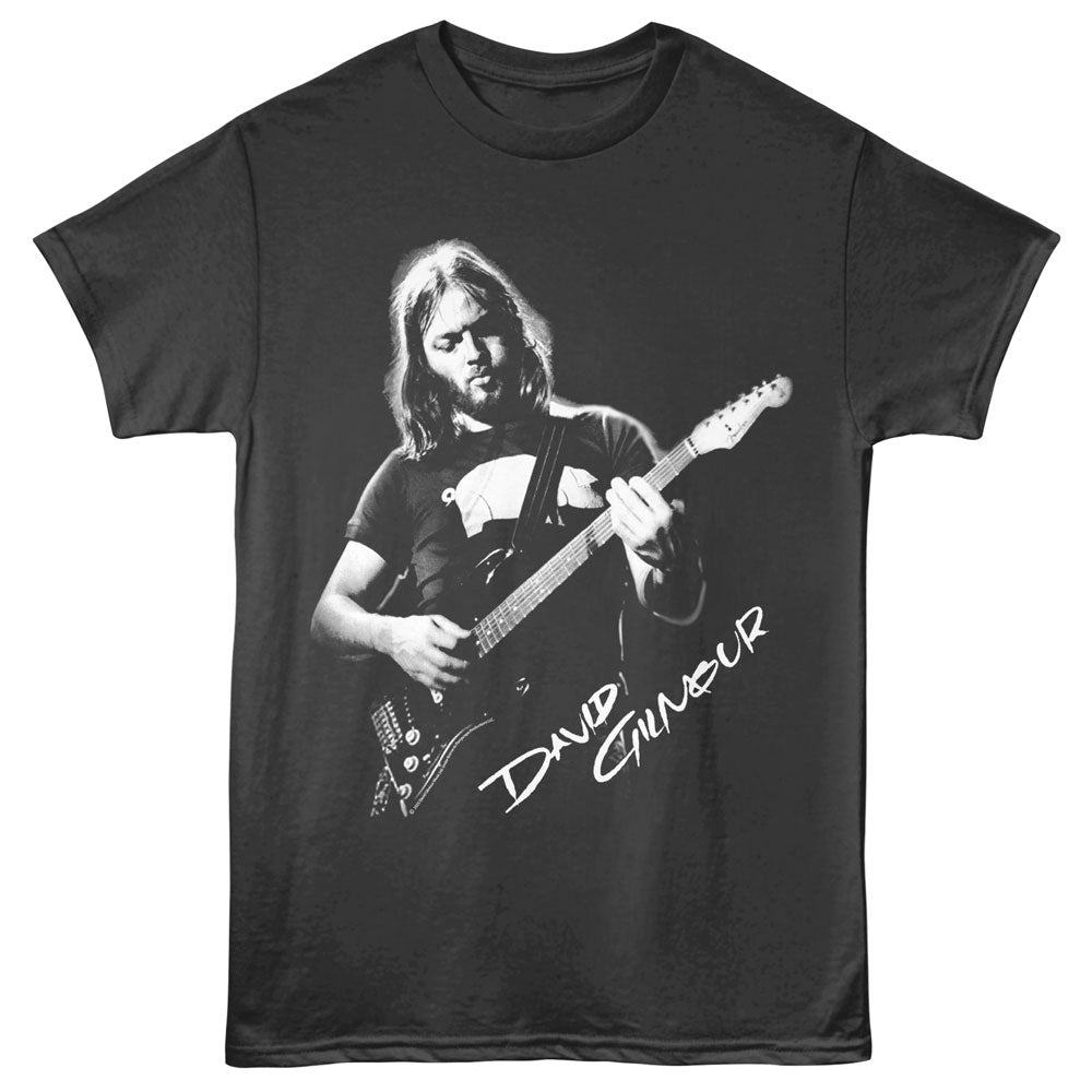 Black t-shirt with a graphic of a person playing guitar and &