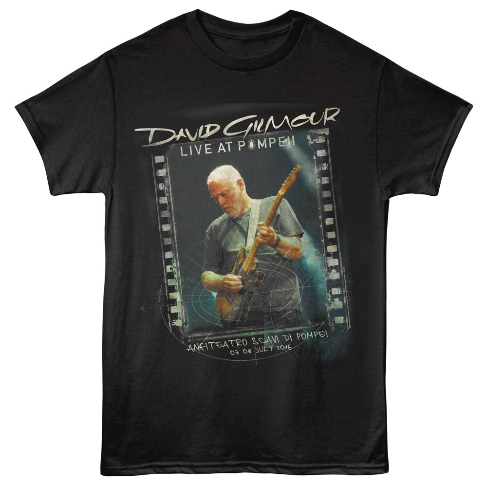Black t-shirt with a graphic of a man playing guitar and text &