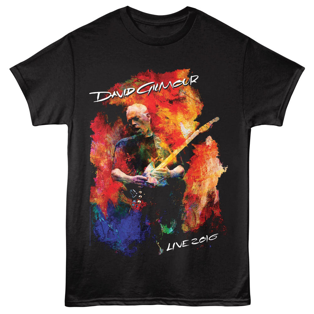 Black t-shirt with a colorful graphic of a person playing guitar and text on a white background