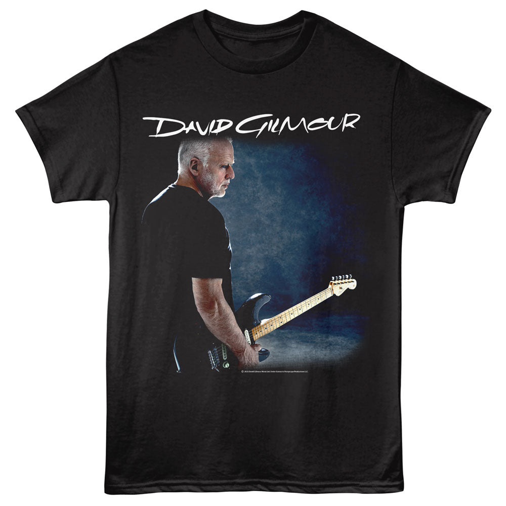 Black t-shirt with a graphic of a person playing guitar and the name &