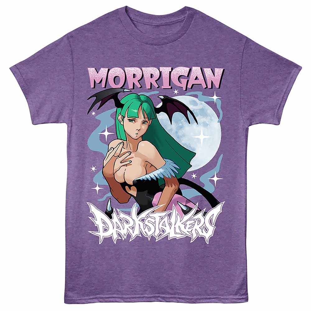 DARKSTALKERS Eye-Catching T-Shirt, MORRIGAN ON PURPLE
