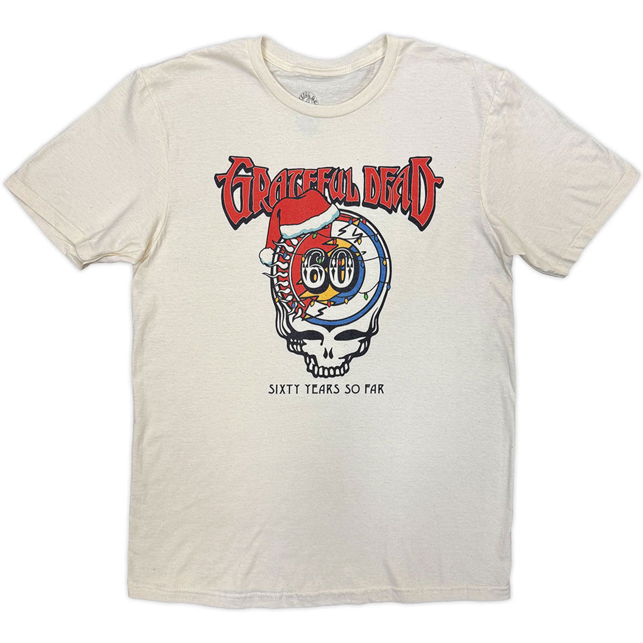 Beige t-shirt with Grateful Dead logo and text on a white background