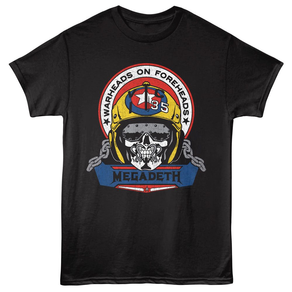 Black t-shirt with Megadeth graphic design featuring a helmeted skull and text.