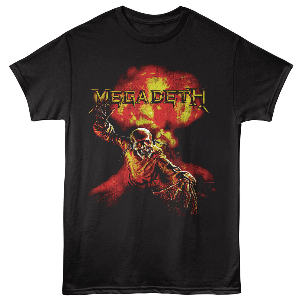 Black t-shirt with Megadeth graphic design featuring a skeleton holding a sword against a red and yellow background.