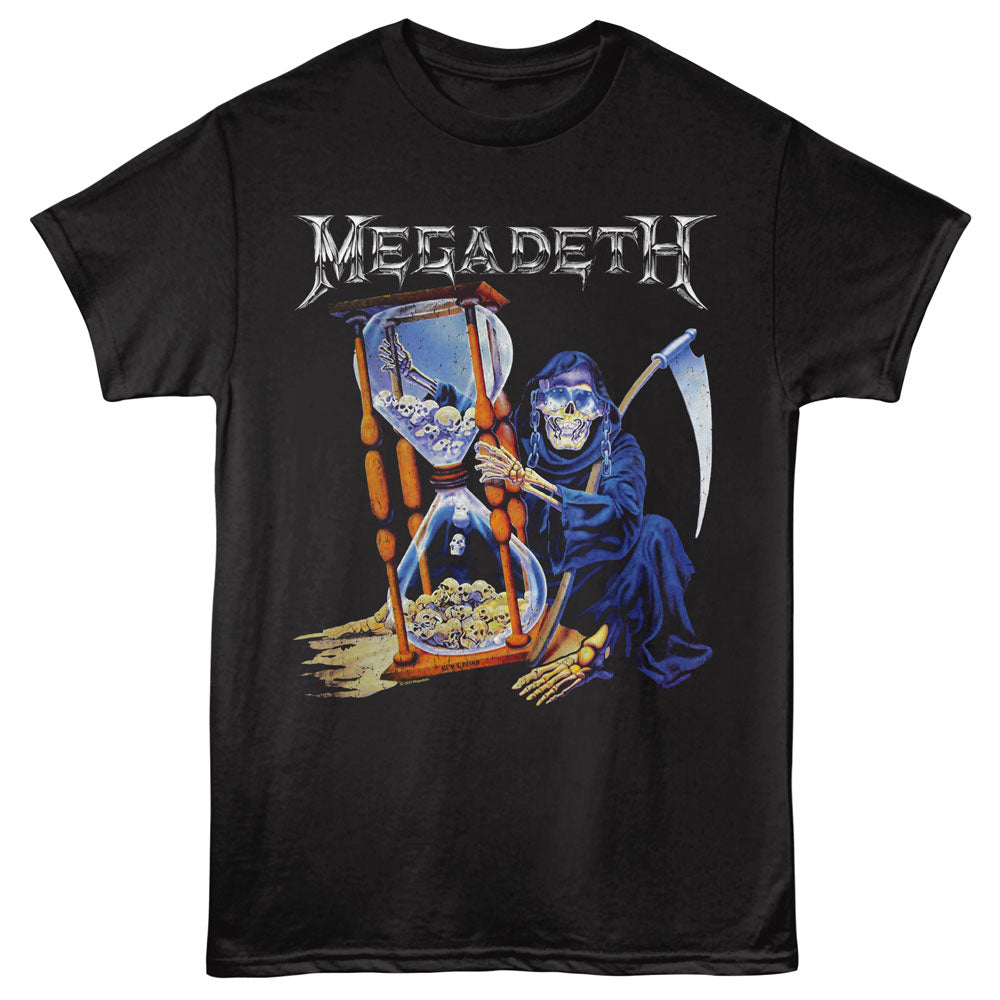 Black t-shirt with Megadeth graphic featuring a skeleton with a scythe and hourglass on a white background
