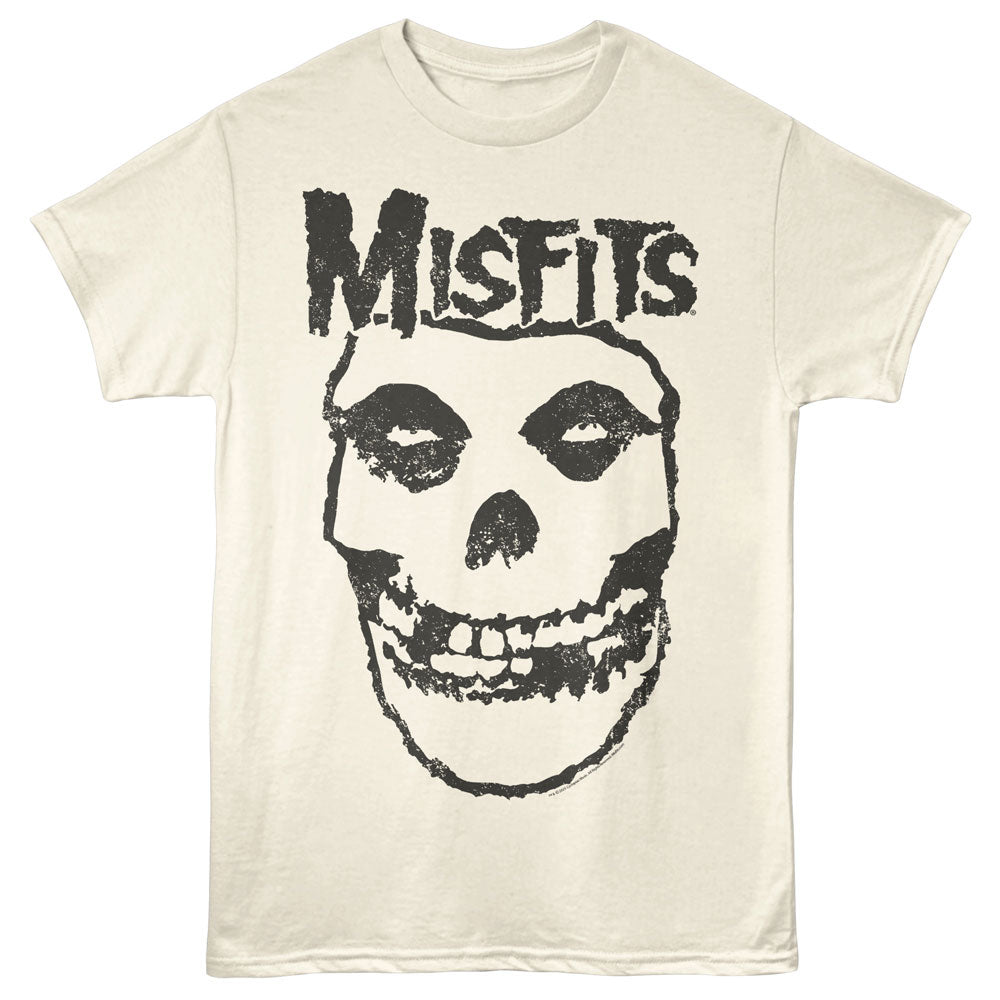 Beige t-shirt with black skull graphic and &
