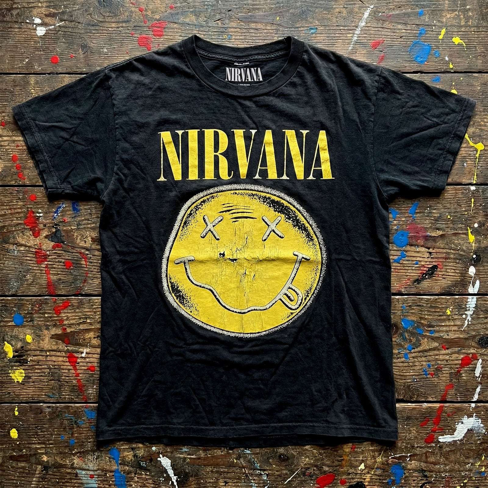 NIRVANA Carbon T-Shirt, Happy Face Infill Distressed