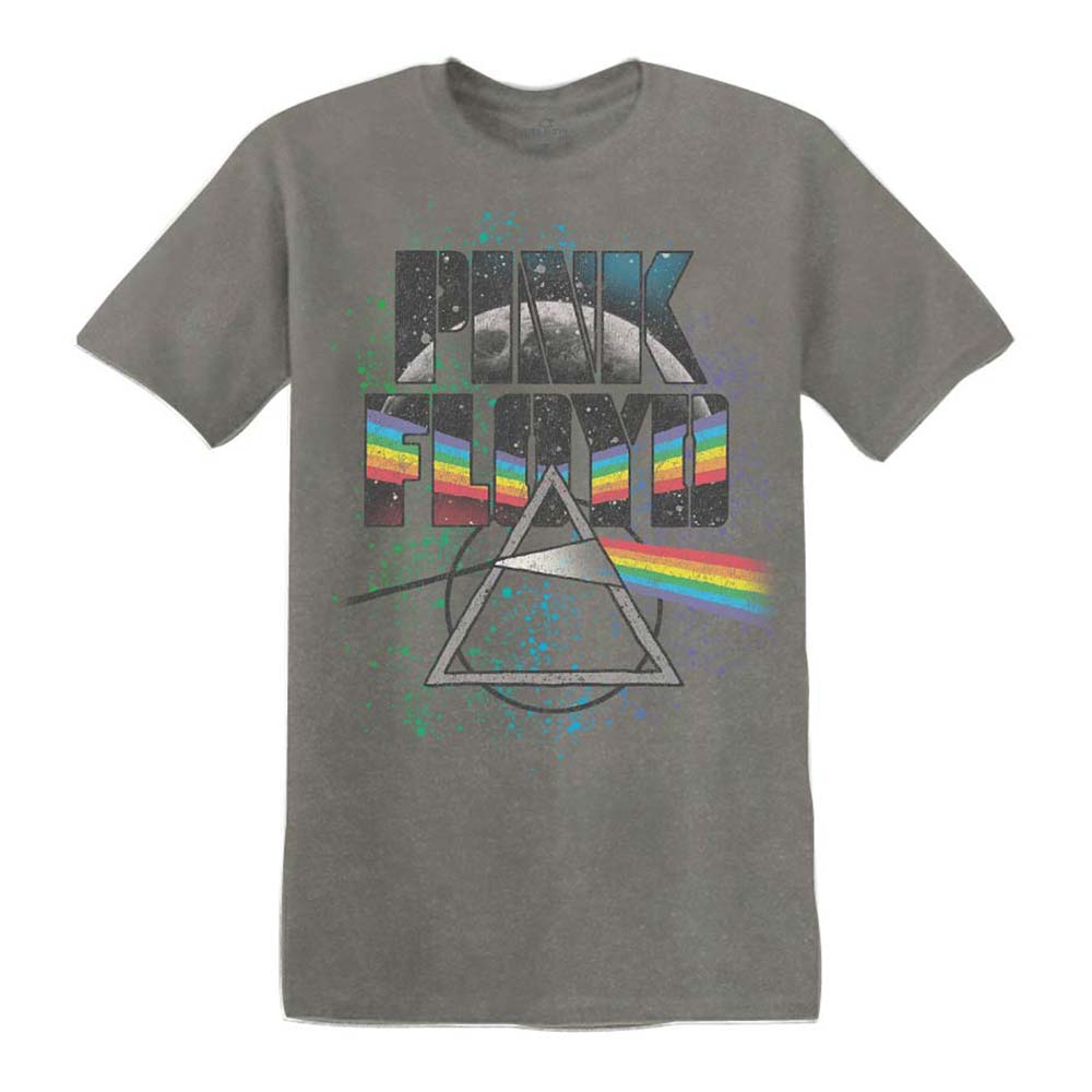 A gray t-shirt with a Pink Floyd logo and a prism design on the front, featuring a rainbow spectrum and a moon background.