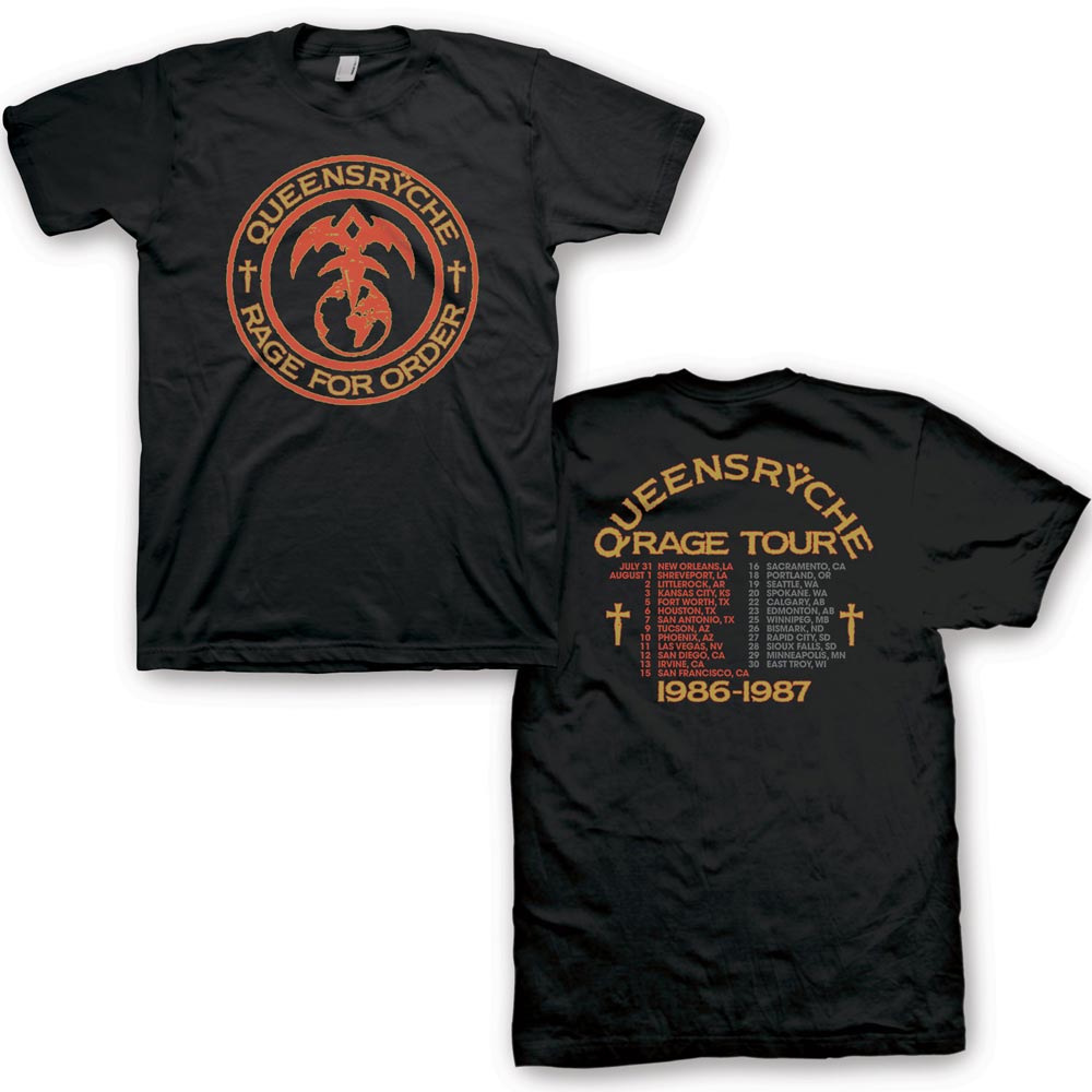 Black t-shirt with Queensryche logo and text on a white background