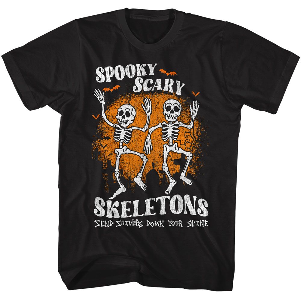 SPOOKY SCARY SKELETONS Eye-Catching T-Shirt, BATS AND GRAVES