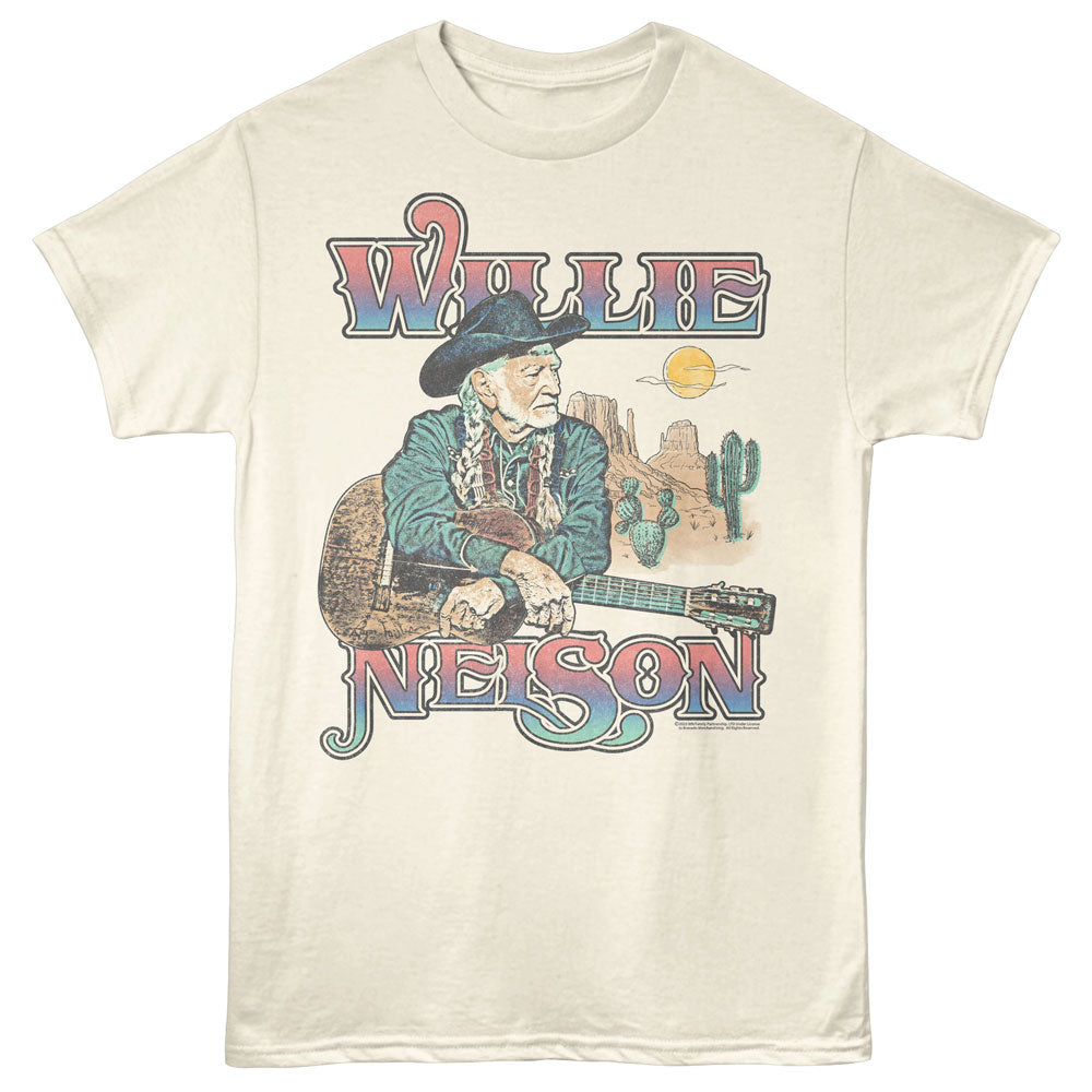 T-shirt with a graphic of Willie Nelson playing guitar on a white background