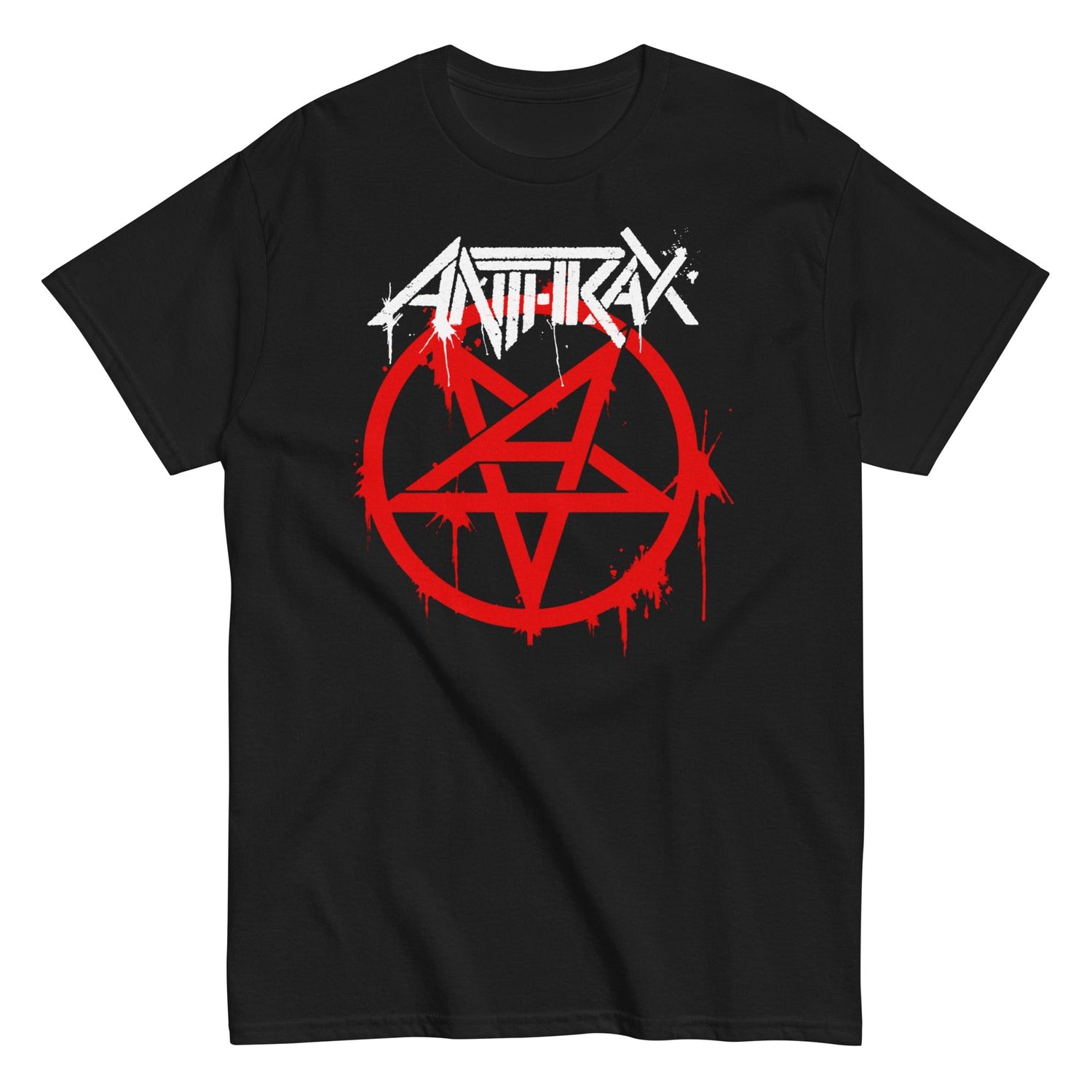 A black crew neck t-shirt with the Anthrax band name and a red pentagram logo printed on the front.