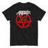 A black crew neck t-shirt with the Anthrax band name and a red pentagram logo printed on the front.