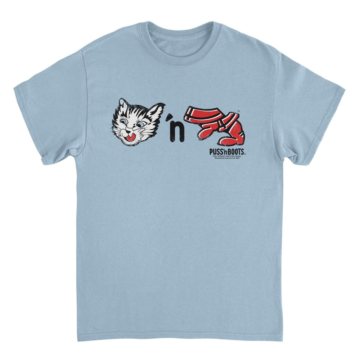 Puss n Boots Retro Cat Food and Boots Light Blue T-Shirt