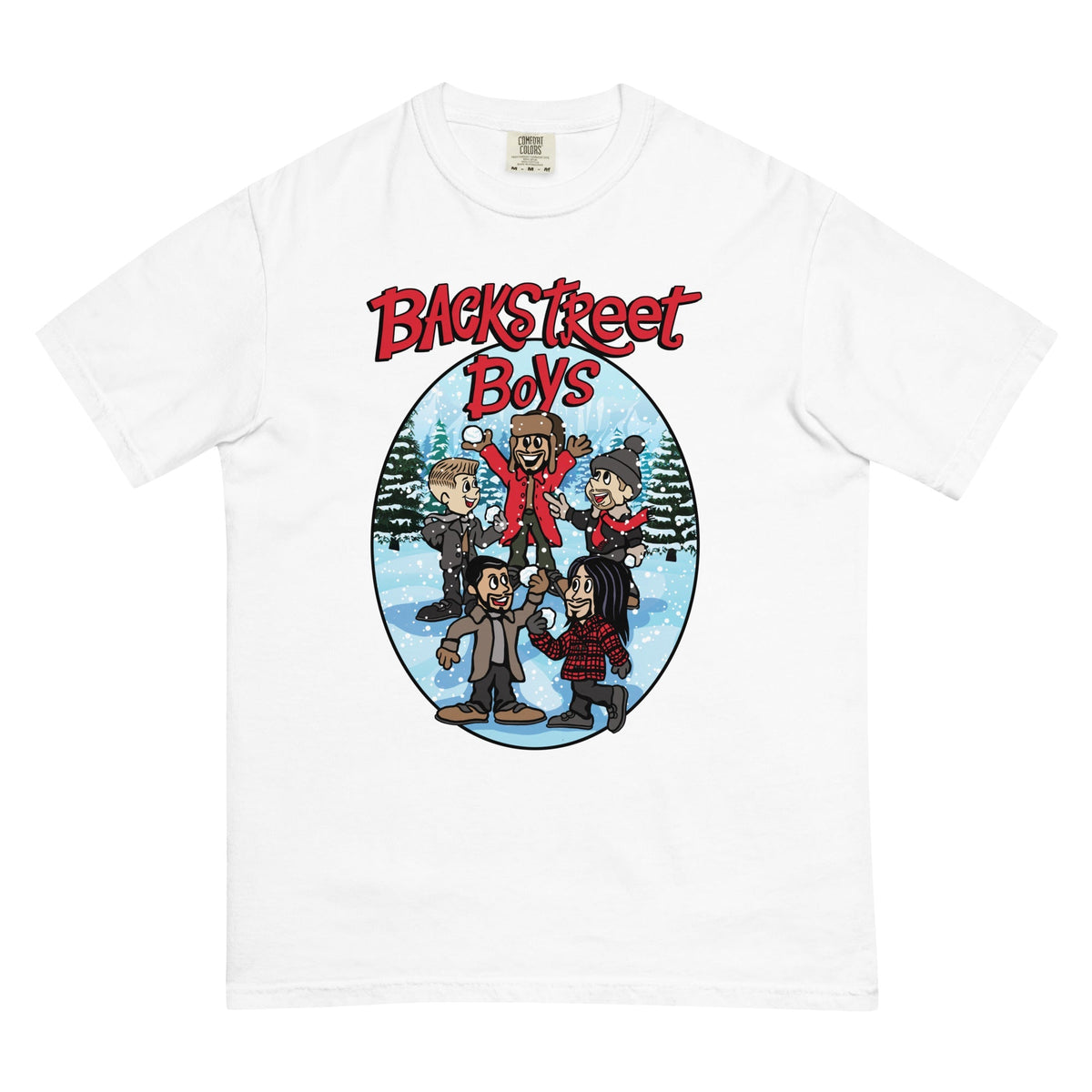 White t-shirt with Backstreet Boys graphic design on a white background