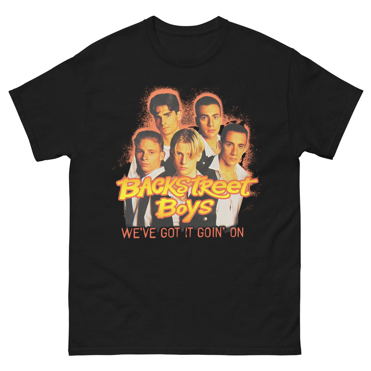 Black t-shirt with Backstreet Boys graphic and text on a white background