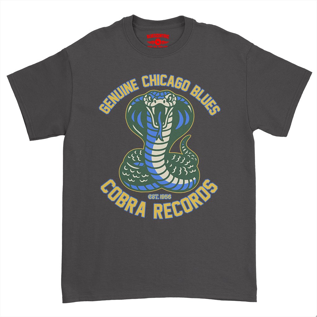 Gray t-shirt with Cobra Records graphic and text on a white background