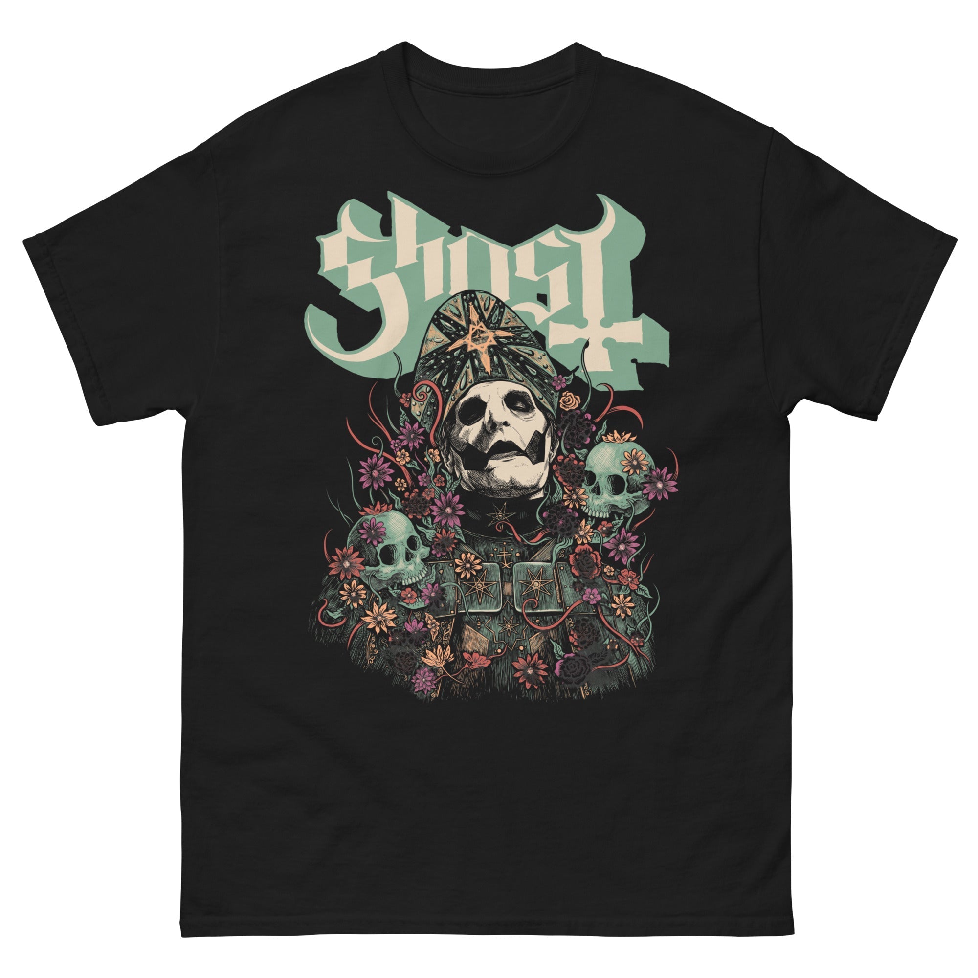 Black t-shirt with a graphic design featuring skulls and the word &