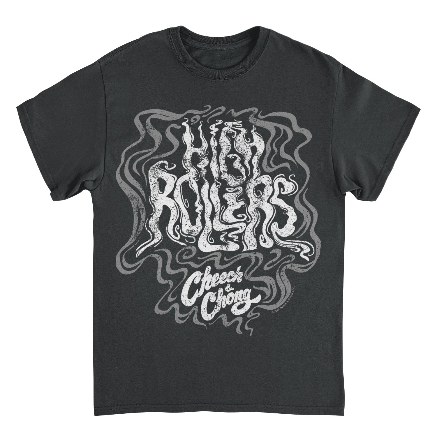 A dark charcoal gray short-sleeve t-shirt with a large white and light gray psychedelic graphic on the front. The graphic features stylized text reading &