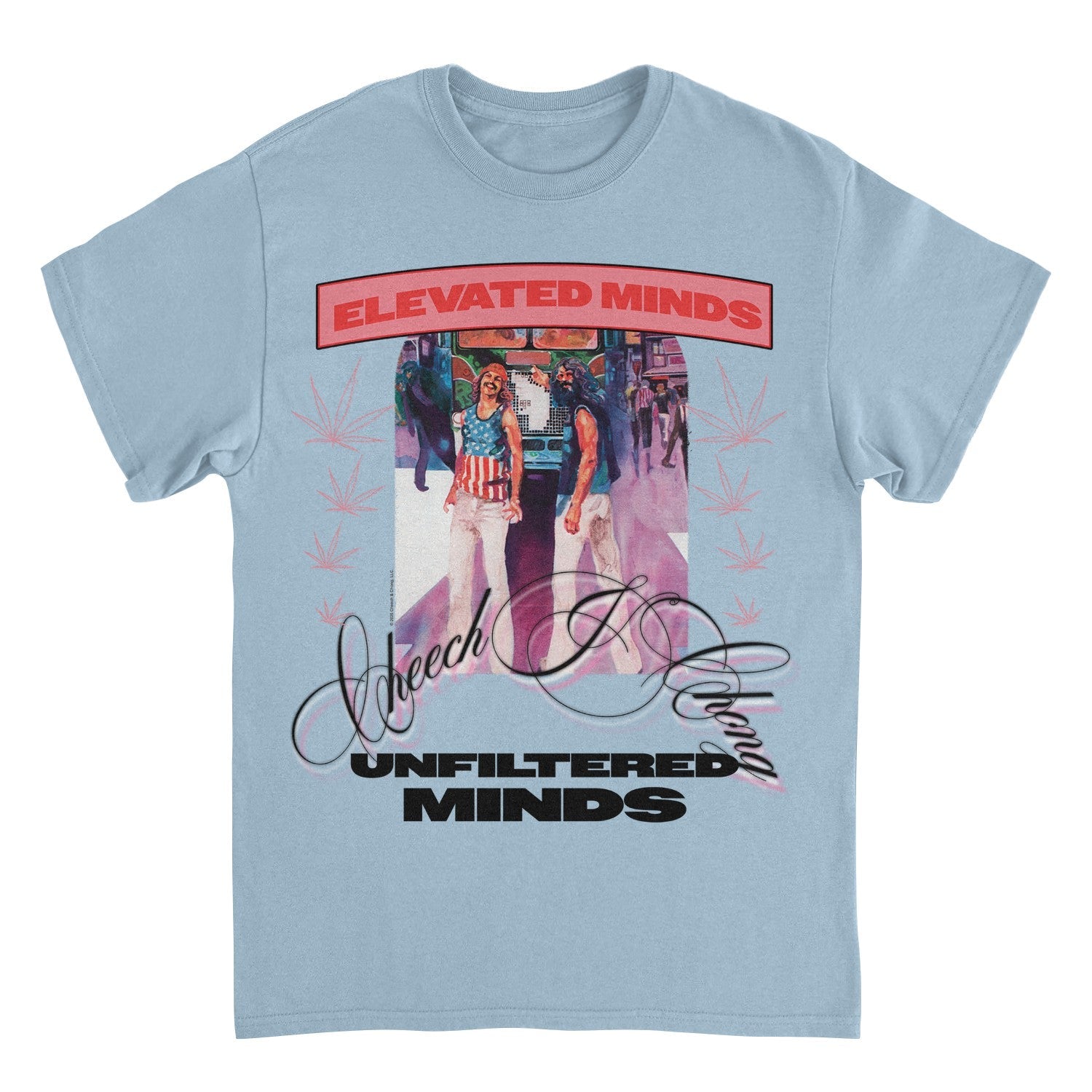 A light blue crewneck t-shirt featuring a graphic print with the text &