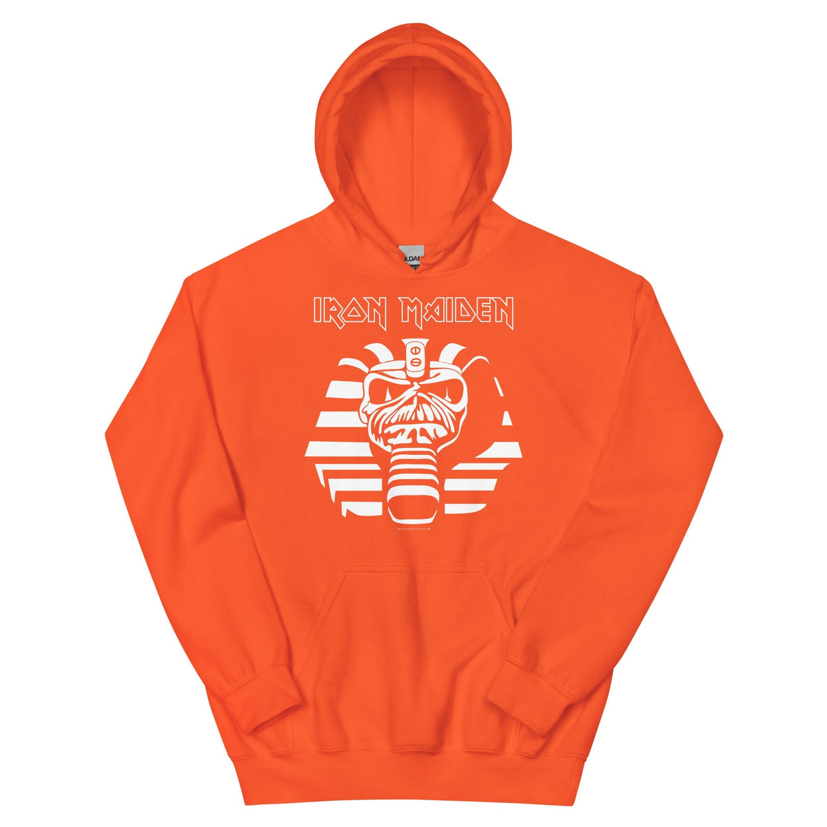Orange hoodie with Iron Maiden logo on a white background