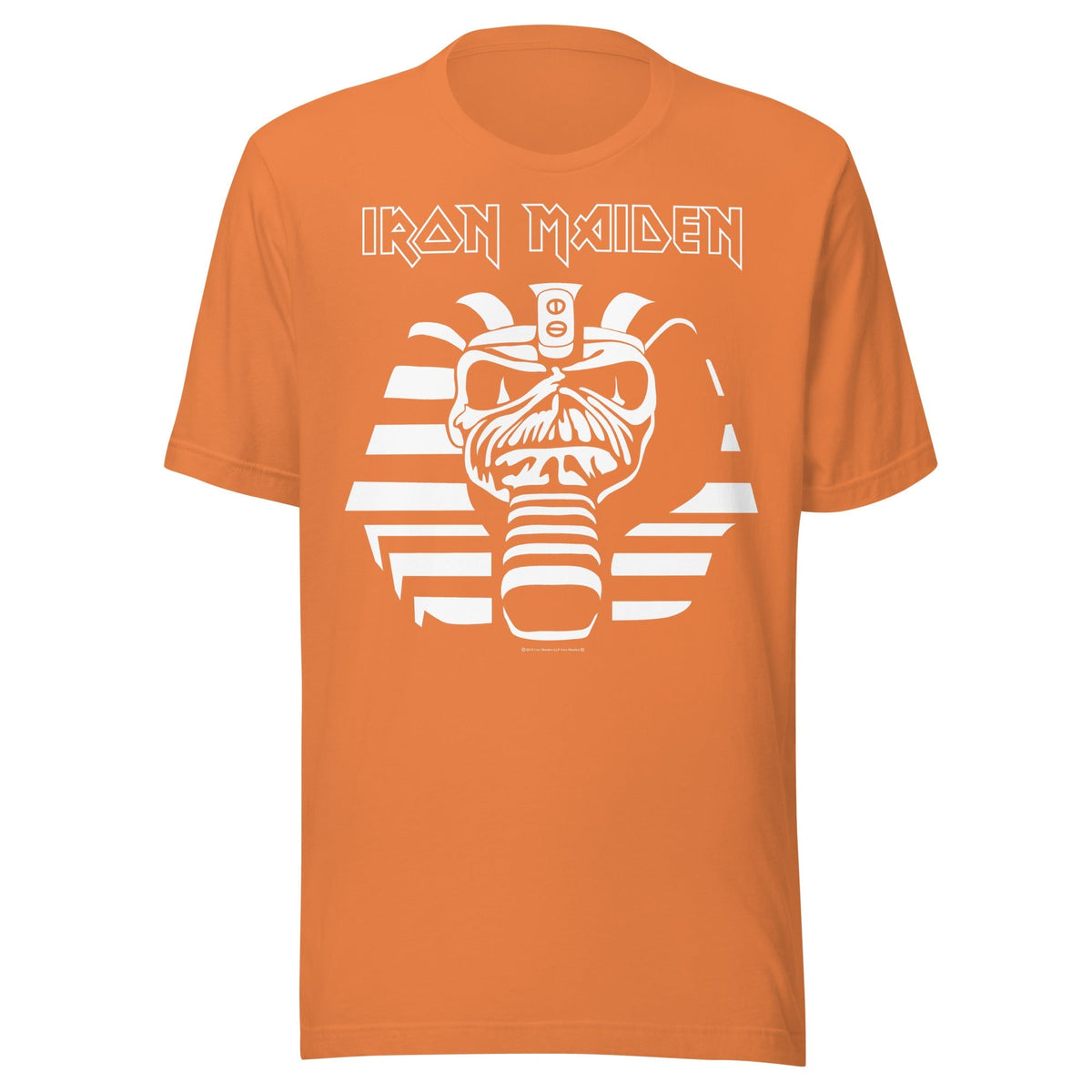 Orange t-shirt with Iron Maiden logo and skull design on a white background