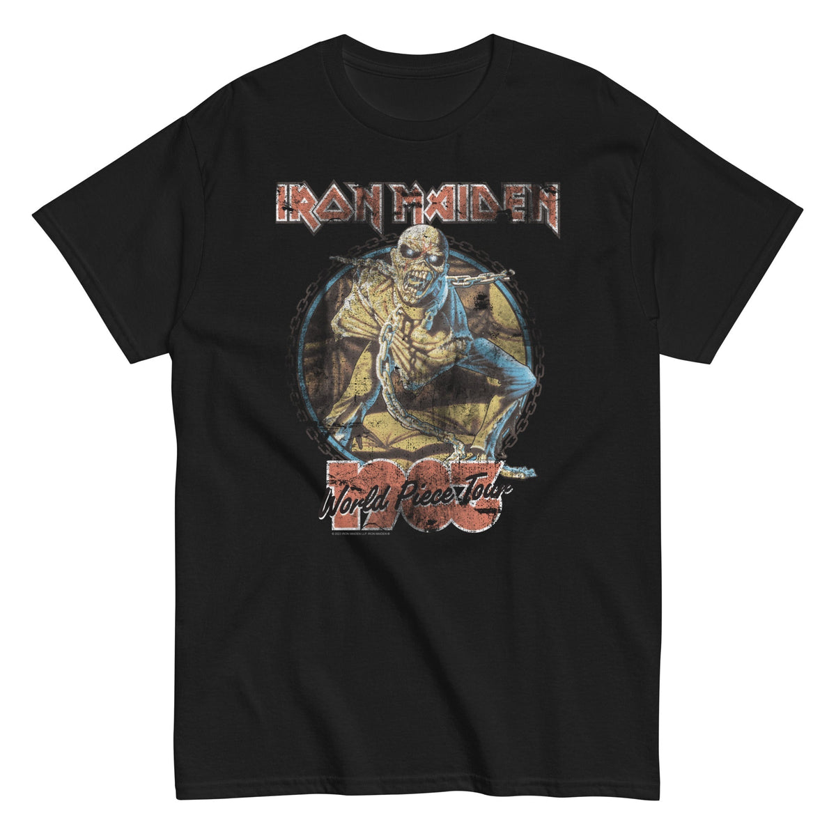 Black t-shirt with Iron Maiden graphic design featuring a skeleton and text.