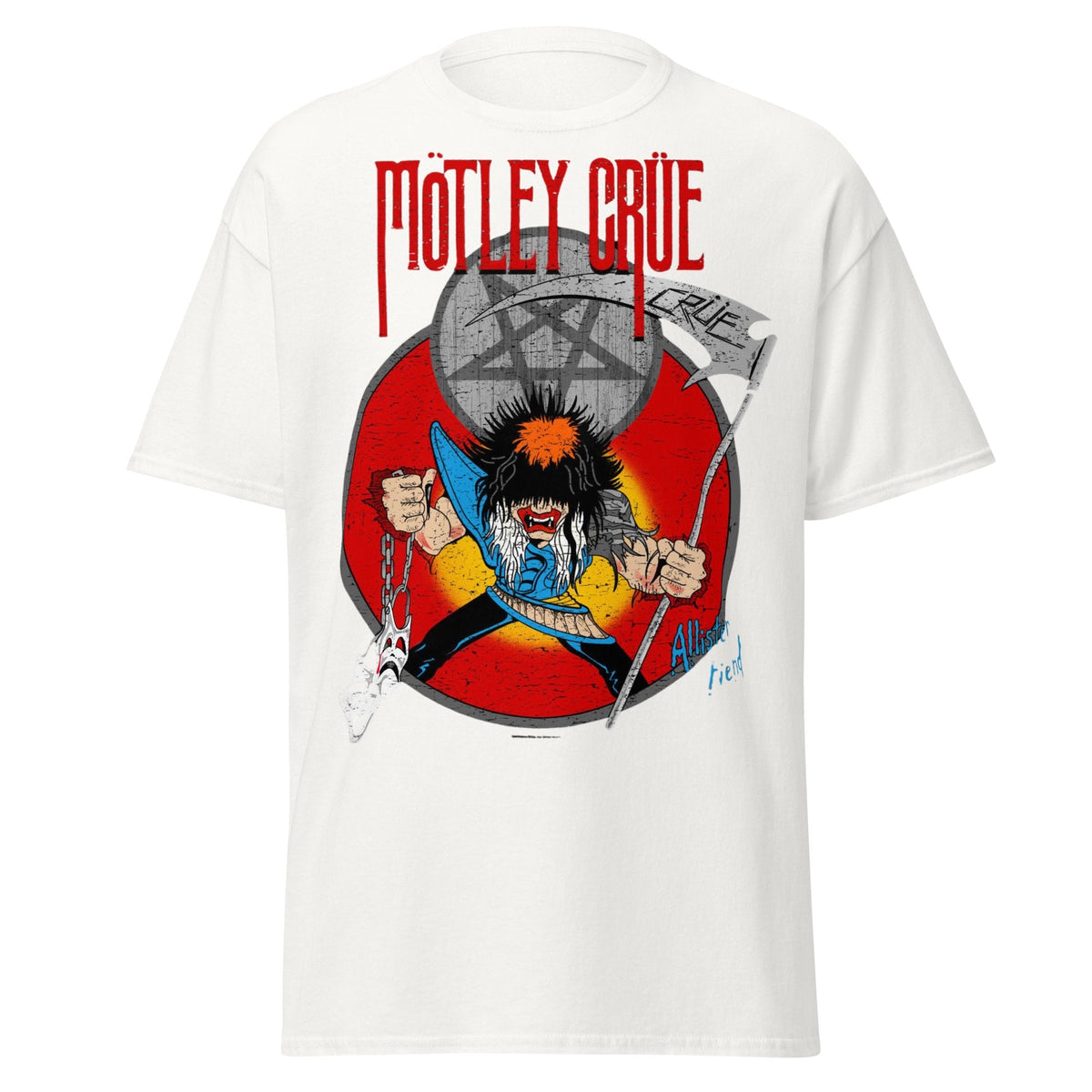 White t-shirt with Mötley Crüe graphic design featuring a character holding an axe and chains on a red background.