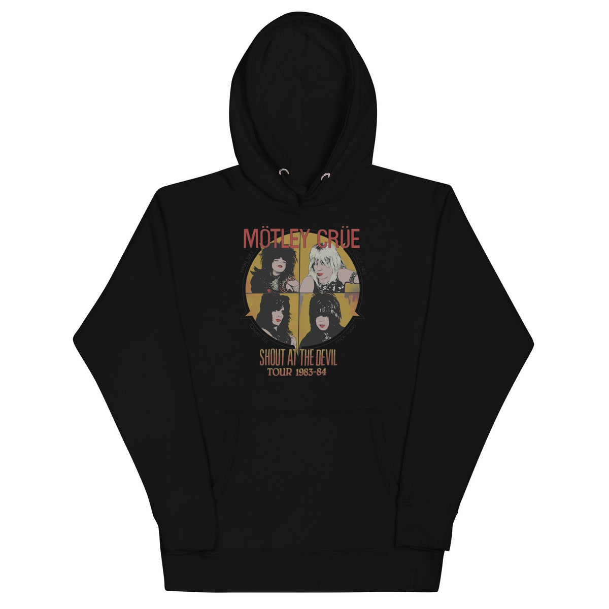 Black hoodie with Mötley Crüe graphic on a white background