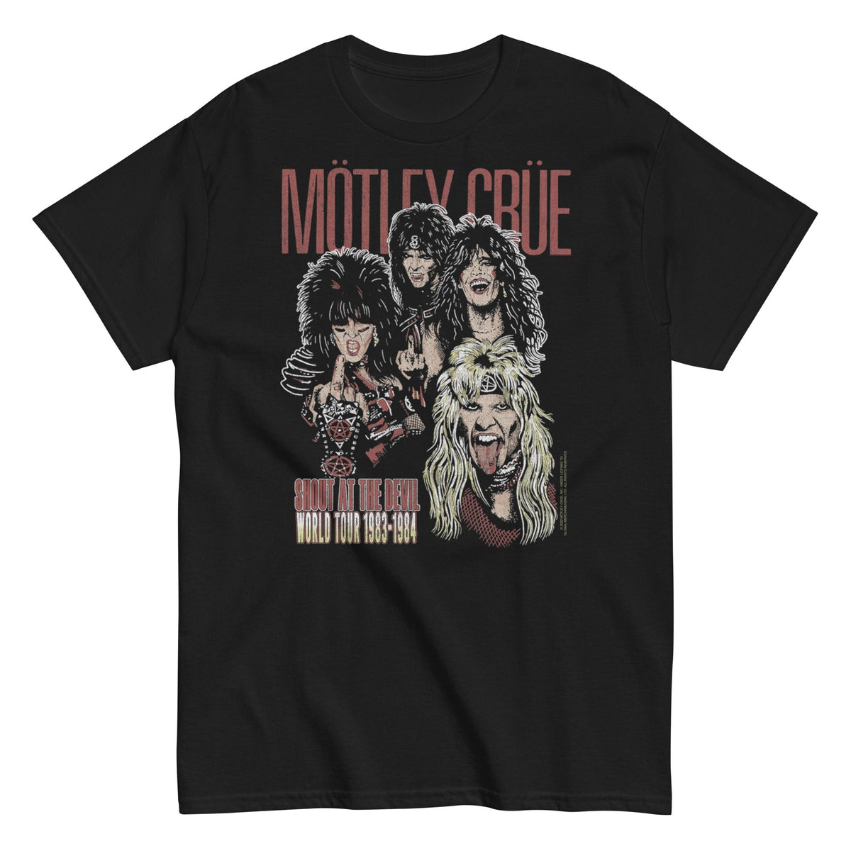 Black t-shirt with Mötley Crüe graphic design on a white background