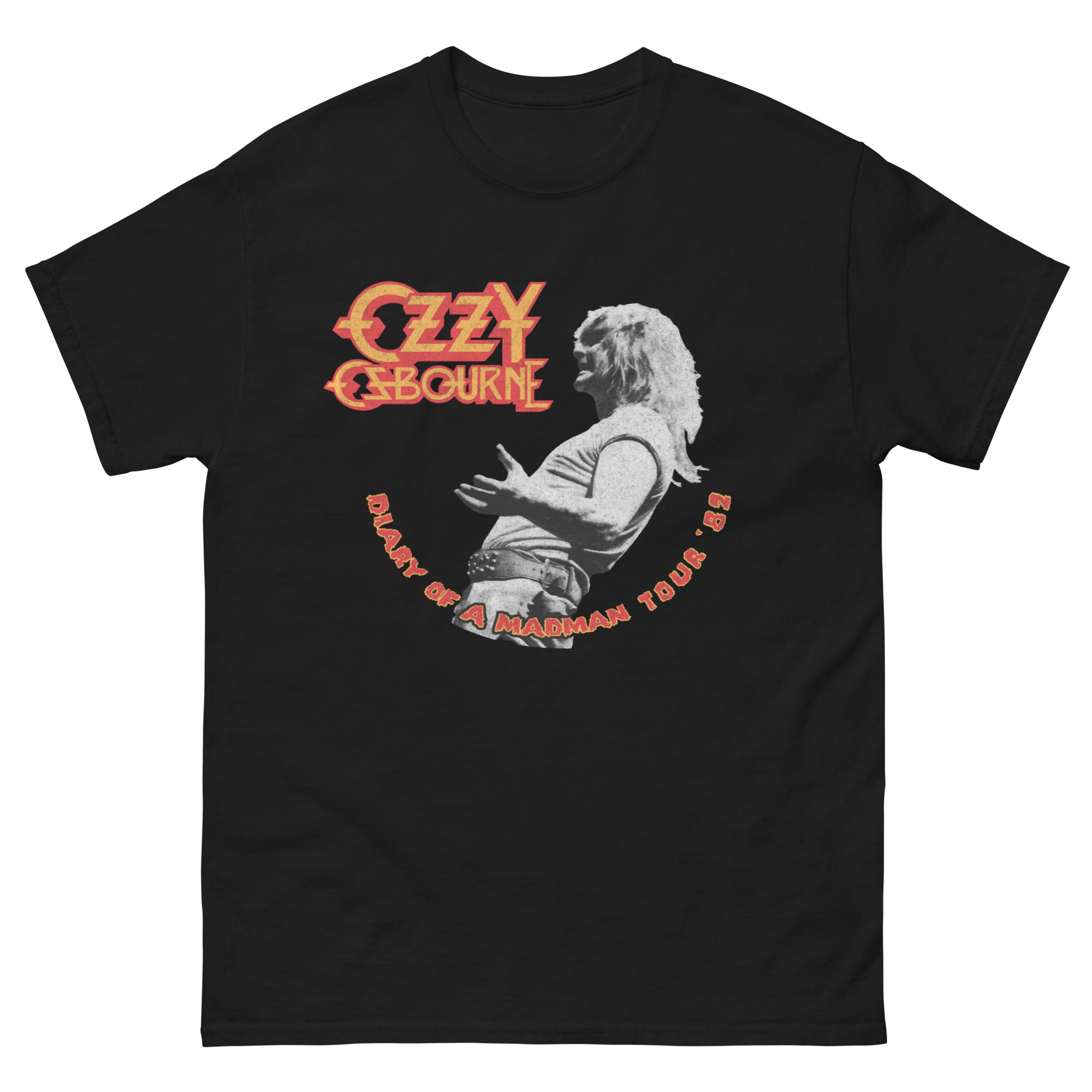 Black t-shirt with Ozzy Osbourne graphic design on a white background