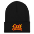 A black beanie hat with &