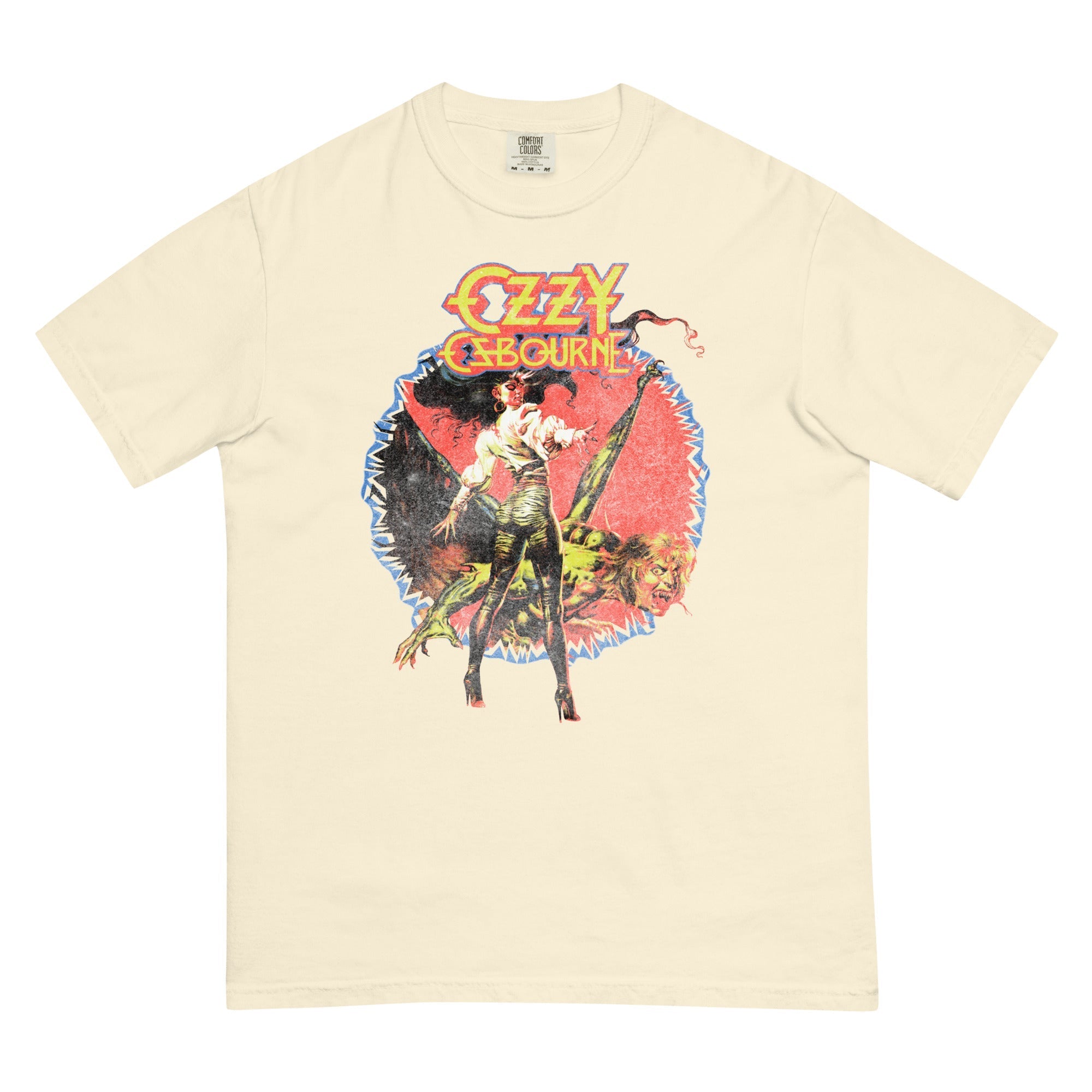 Beige t-shirt with Ozzy Osbourne graphic design on a white background