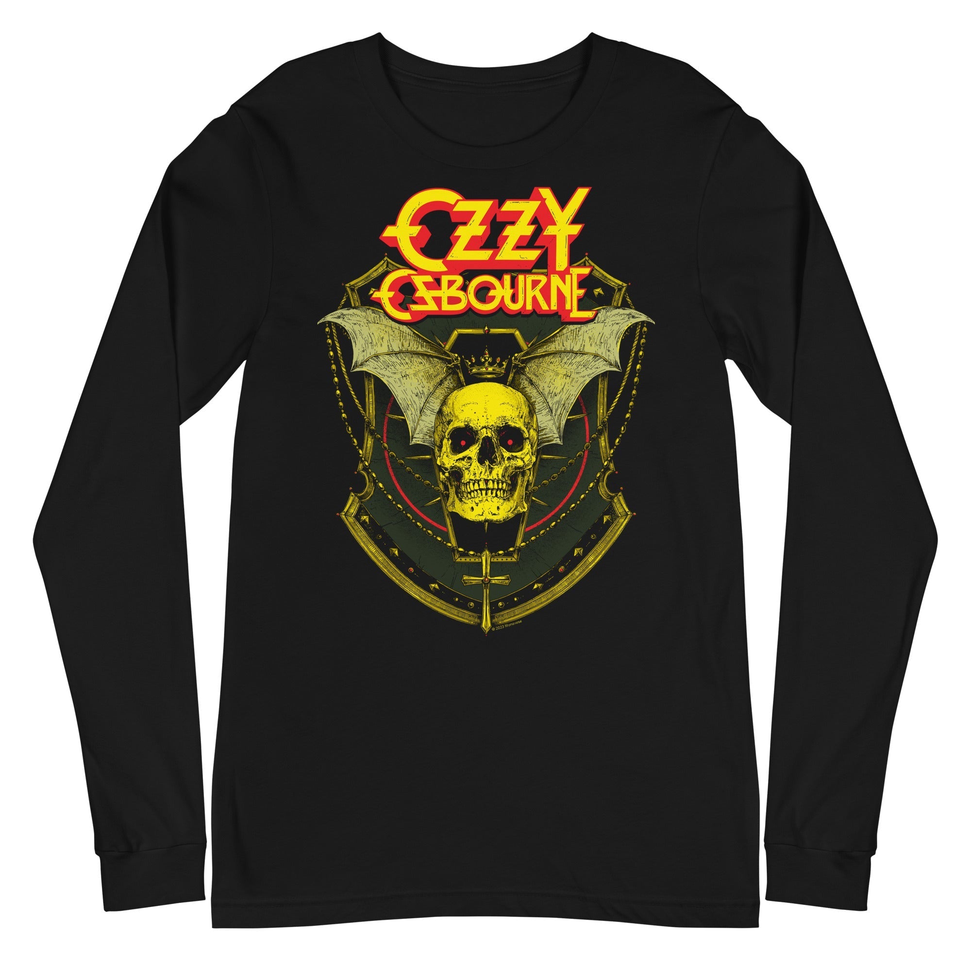 Black long sleeve T-shirt with Ozzy Osbourne band graphic in yellow and red on the front.