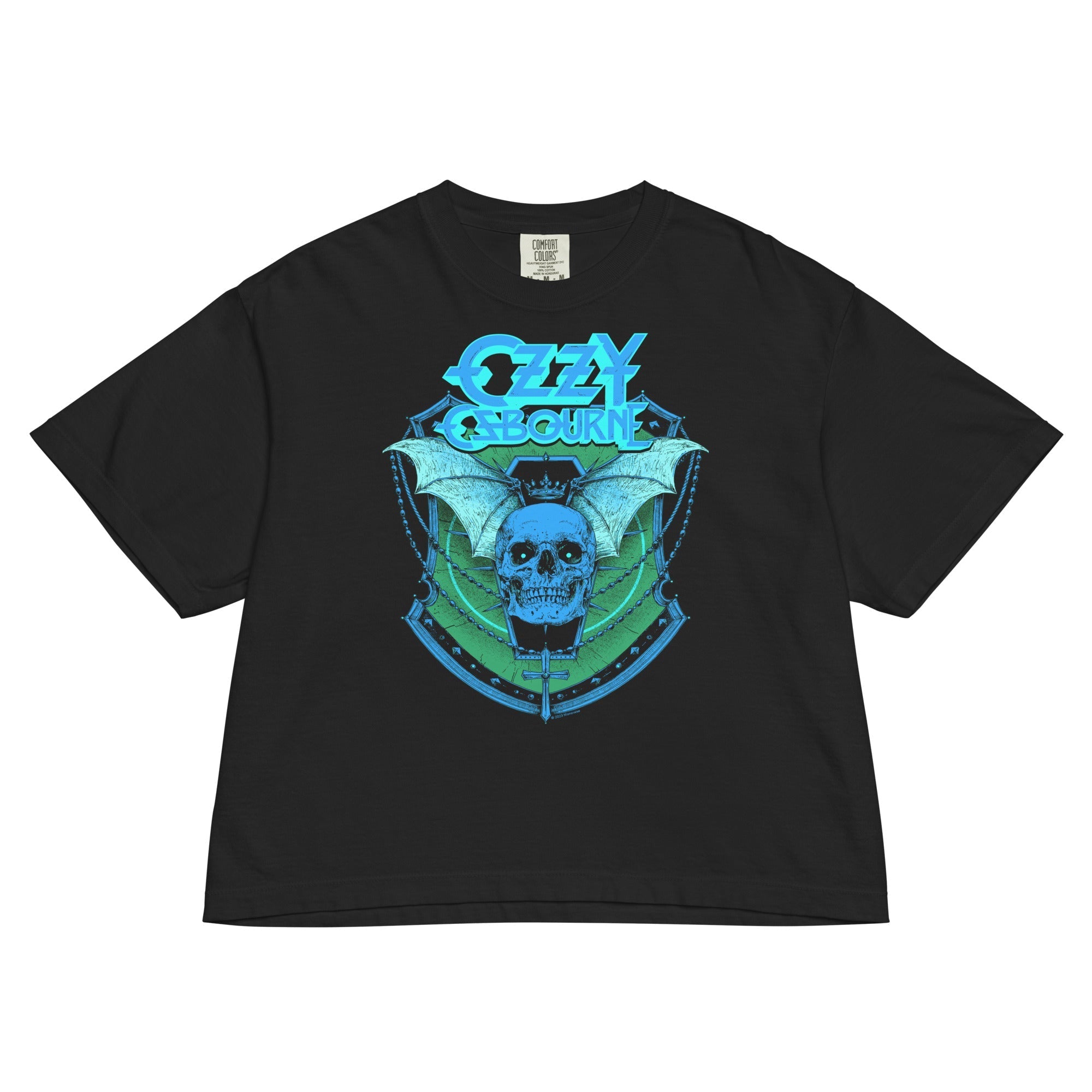 Ozzy Osbourne Neon Blue Bat Mineral Wash Womens Crop Top