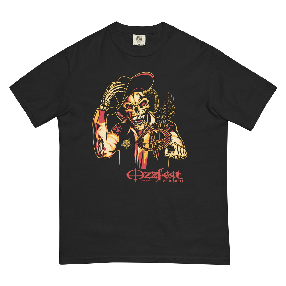 Black t-shirt with a graphic design featuring a skeleton and &
